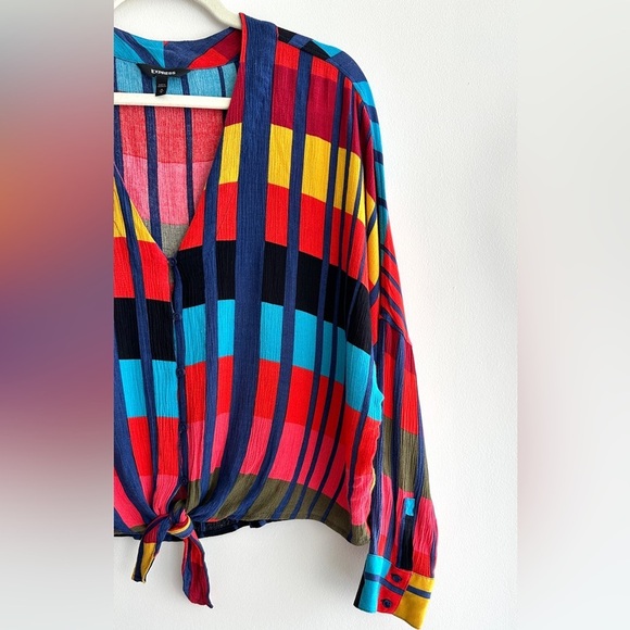 Express Colorblock Tie Waist Blouse, Red/Blue/Yellow/Orange, Size Medium - Picture 4 of 16